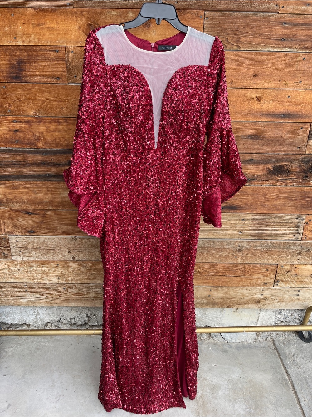 Giffniseti Burgundy Sequin Maxi Gown Size L Illusion Neck Batwing Sleeve